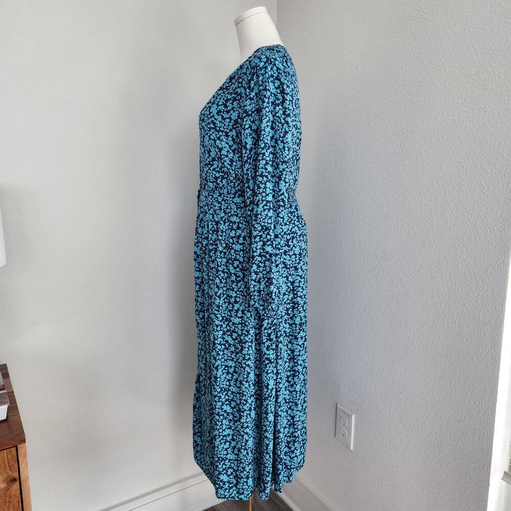Vintage LOFT Blue Floral Long Sleeve Button Down A-Line Midi Dress L - Picture 7 of 12